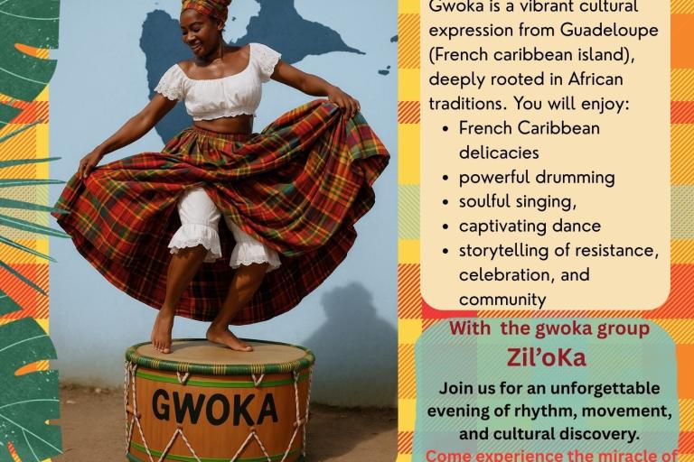 French Caribbean lady dancing on huge drum with the writing 'gwoka'