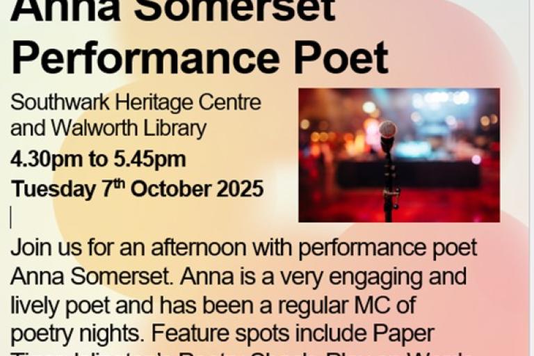Poster for Performance Poet Anna Somerset at Walworth Library
