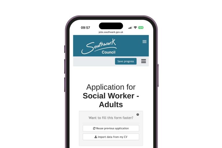 A mobile phone screen showing the form you can fill in to register your interest in adult social care jobs