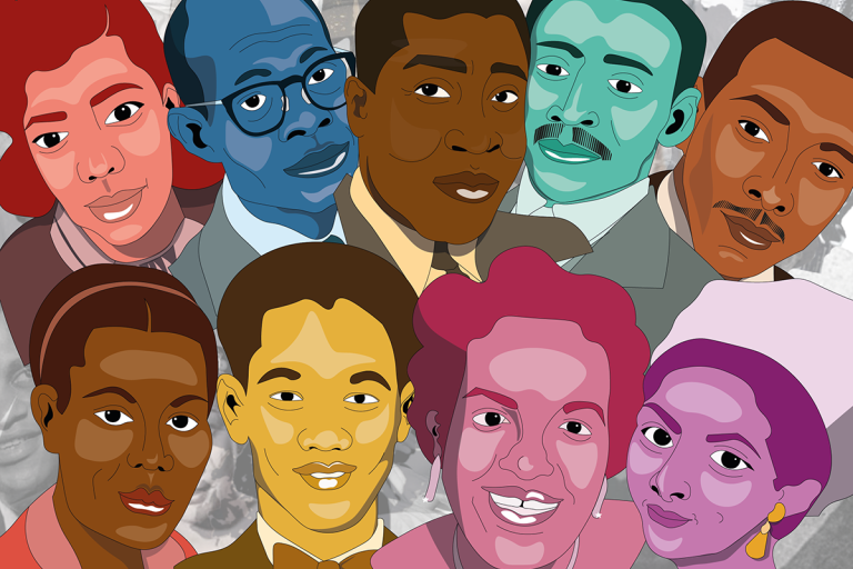 A collection of 9 portraits of key figures from black history, Each portrait is completed in a different colour making a rainbow of faces grouped together in two lines. 