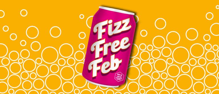 A bright pink drink can with Fizz Free February written on the side