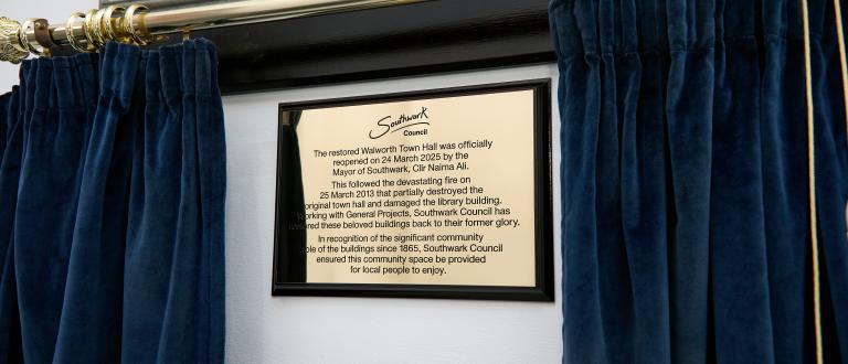 The plaque at Walworth Town Hall
