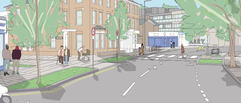 Pedestrians travelling through Derwent Grove past new widened pavements and landscaping