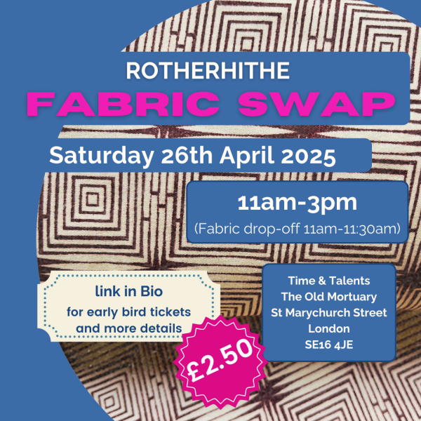 Blue and pink poster giving details of the fabric swap