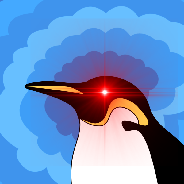 A graphic of a penguin, looking at the viewer, with a red light emitting from its eye.