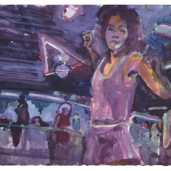 A painting of a person roller skating in a rink.
