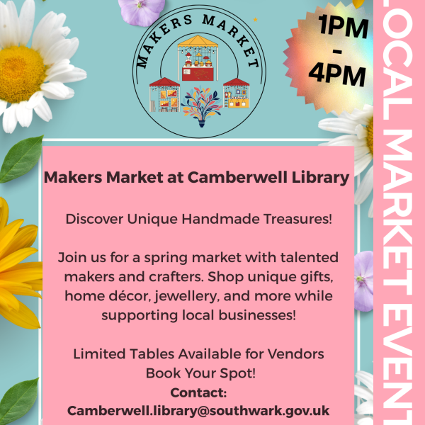 Join us at Camberwell Library (48 Camberwell Green, SE5 7AL) to shop handmade gifts, home décor, and more from local makers. Don't miss it!