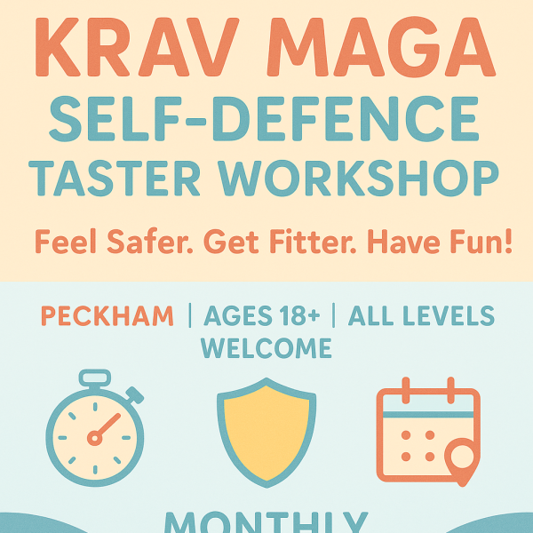 Flyer for a free monthly Krav Maga self-defence taster workshop in Peckham. The design features soft pastel colours with icons for location, time, and calendar. Text highlights that the workshop is for adults aged 18+, all levels welcome.