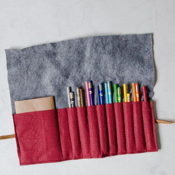 Red Felt Pencil case with pencils inside