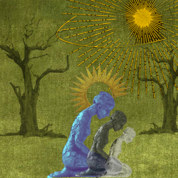 Green colouring, shining sun and trees creates forest background with angels in the foreground.