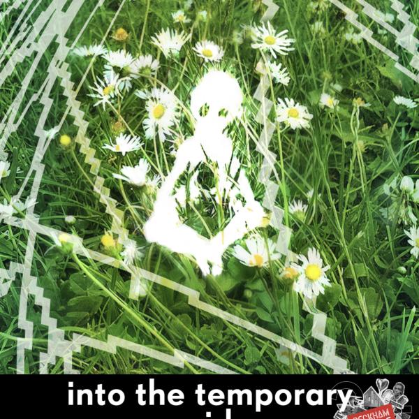a white figure in the middle of the grass like background with text spelling “into the temporary void” at the bottom