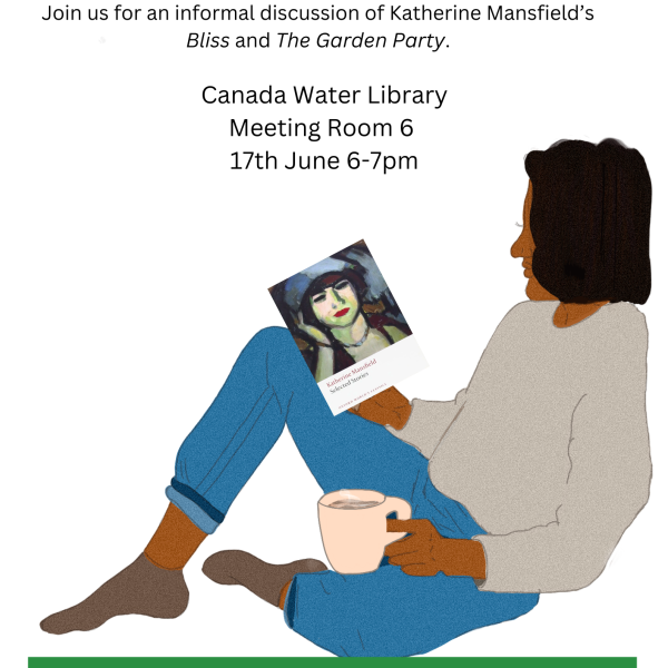 A poster with an image of a woman reading a book by Katherine Mansfield.