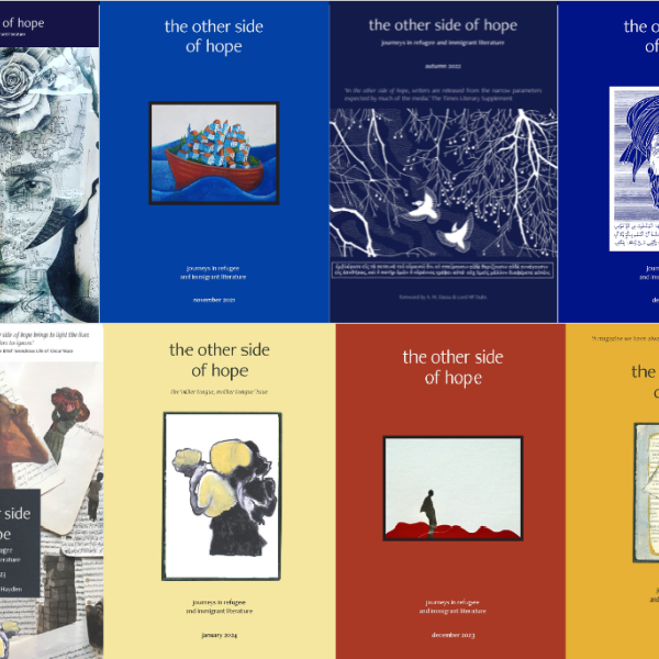 A selection of covers of the literary magazine 'The Other Side of Hope'. Each is on a bold colour background with an illustration central to the design - faces, ships, houses and birds all appear.