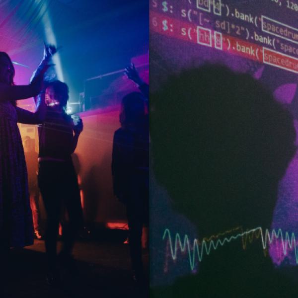 A composite image. On the left, silhouettes of people dancing in a club with laser lights. On the right, computer code is displayed on a purple background with sound waves.