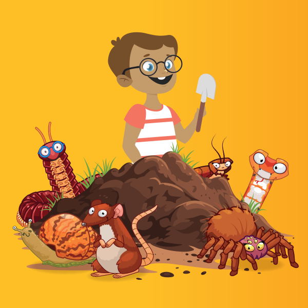Boy with shovel beside cartoon underground animals and insects.