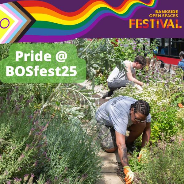 A promotional image for Inclsion House showing the Progress Pride flag, the BOSfest logo and text saying Pride @ BOSFest25. An image shows people gardening in meadow style planting in a London park.