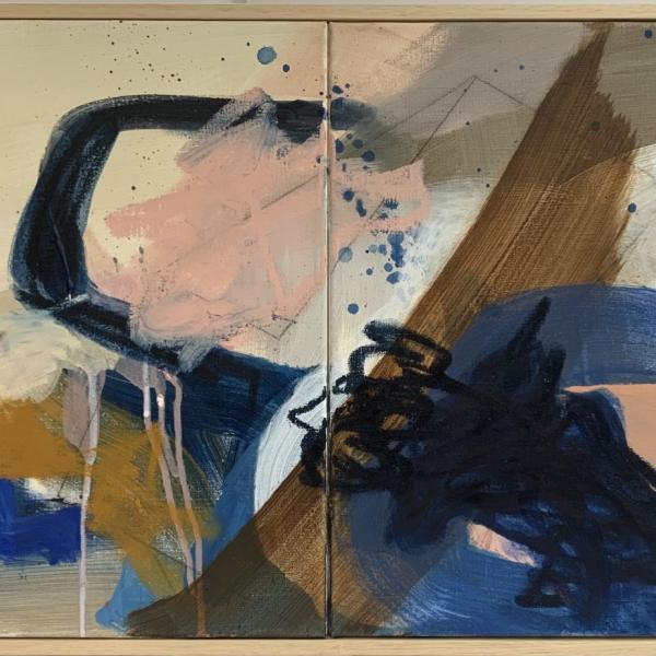 Abstract painting featuring bold blue, brown, pink, and beige brushstrokes with dynamic lines and splatters on a divided canvas.