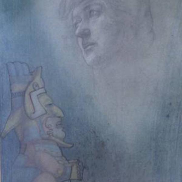 Artwork depicting a portrait of a person (head only) looking off into the distance. The portrait appears like a haze. There is a small figure with a Roman-like head piece and wearing armour-like clothing, in a seated position on the bottom left hand corner of the image. There is a blue tinge to the whole image.