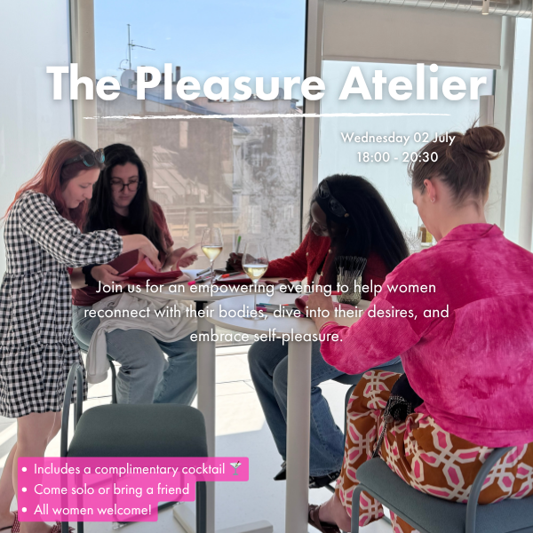 The Pleasure Atelier - event details. Women siting together in image. 