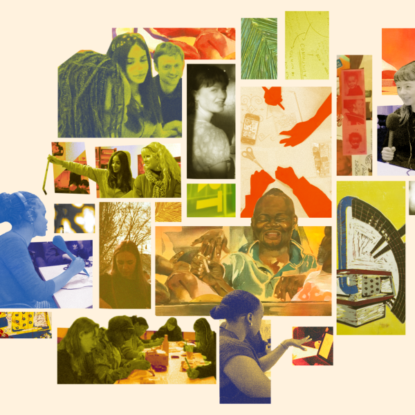 A collage of young people doing creative activities.