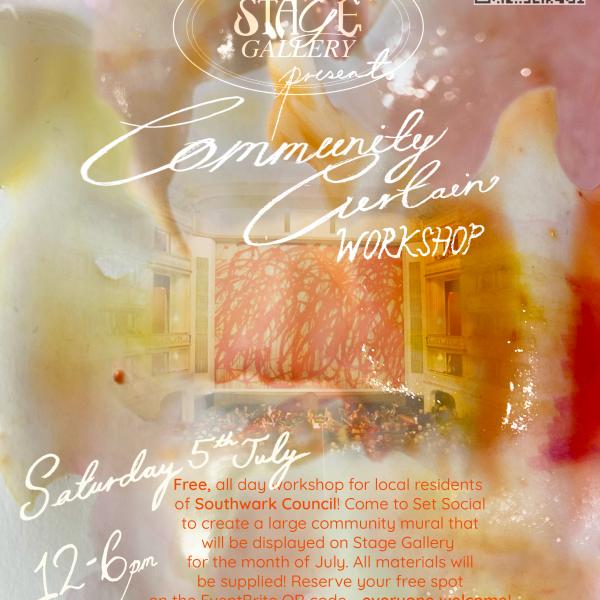 Pink, orange and yellow poster with stage gallery logo and details of the event which are listed also on this page