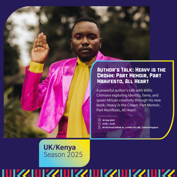 Event partners are listed on the top section of the image. Willis Chimano (artist) is wearing a pink suit with a yellow blouse with his right hand raised up. Event description is on the right hand side of the image.