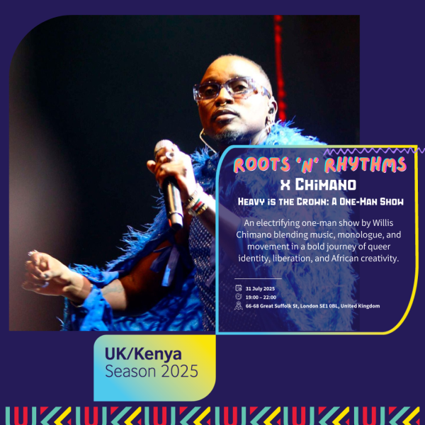 Event partners are listed on the top section of the image. Willis Chimano (artist) is wearing a blue outfit and holding a mic in his left hand. Event description is on the right hand side of the image.