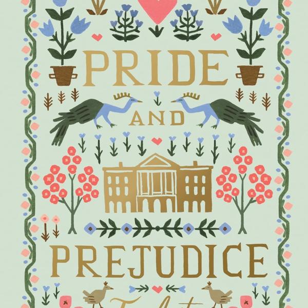 An image of a book cover of Jane Austen's 'Pride and Prejudice'. The design has a 'sampler'-type symmetrical style although it appears painted, and features flowers and peacocks.