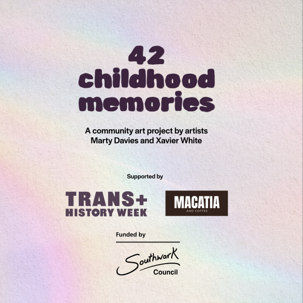 42 Childhood Memories workshop banner image showing Southwark as a funder. The image has a subtle pride rainbow background. 