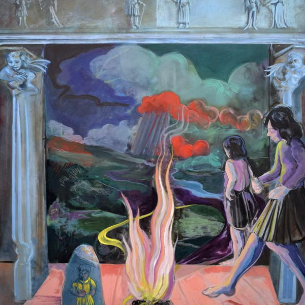 A busy painting with two figures on the right hand side. They stand under a Greek-style arch and next to a pink fire. Behind them are clouds of dark greens, purples and blues, with a flash of bright red.