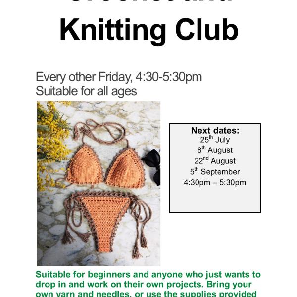 Poster showing dates for Crochet and knitting club