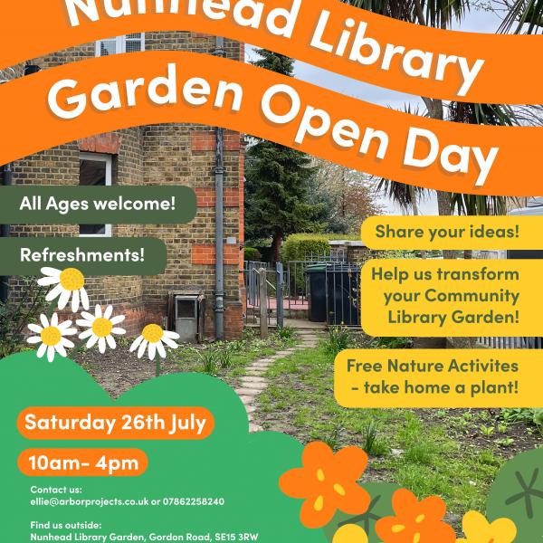 poster for Nunhead Library Garden Open Day on 26 July 2025