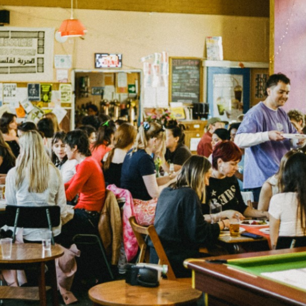 Lively and crowded group chatting and eating at SET Social