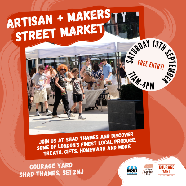 A Poster displaying key information about the artisan and makers market at courage yard on saturday 13th september.