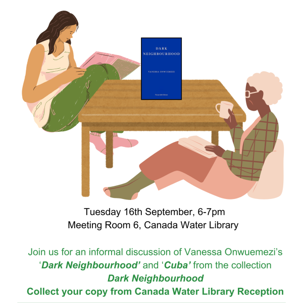 Two people reading, sitting around a copy of the text 'Dark Neighbourhood'.