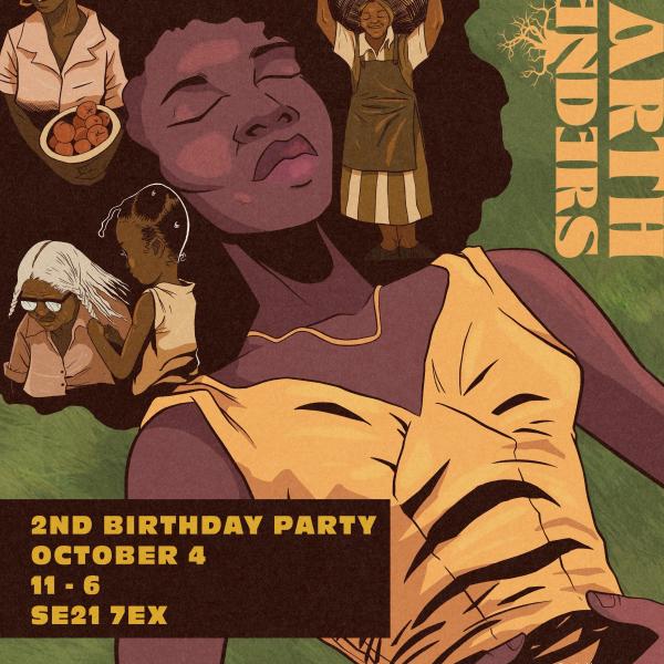 Illustration of a black woman with afro laying down and resting, an image of a black woman holding fruit smiling, an image of a black woman with a basked on her head, an image of a child braiding an older woman hair. The image includes text with details about the event