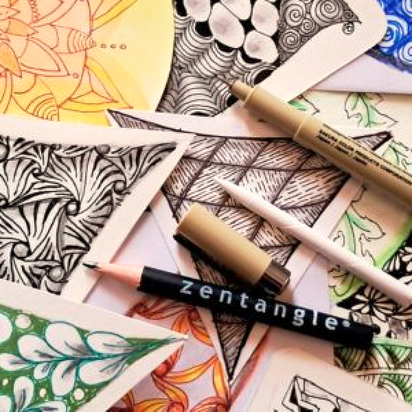 Picture of small patterns using the Zentangle Method of drawing with a pen, pencil and tortillon
