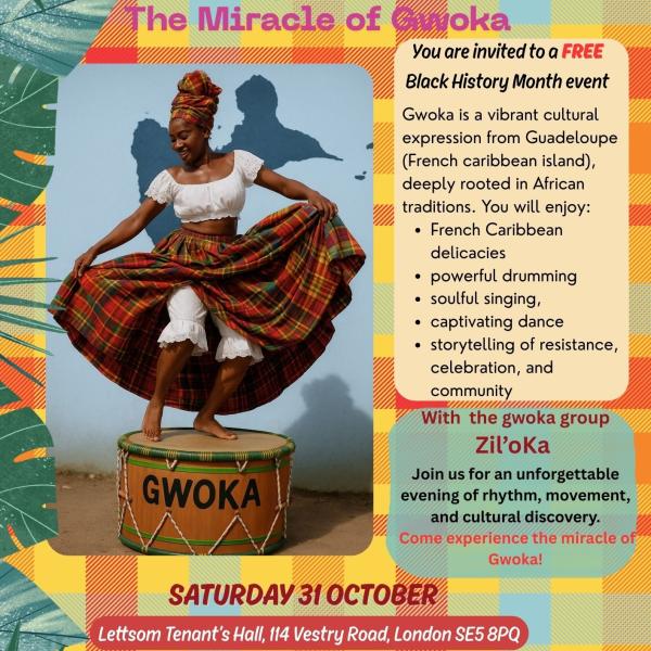 French Caribbean lady dancing on huge drum with the writing 'gwoka'